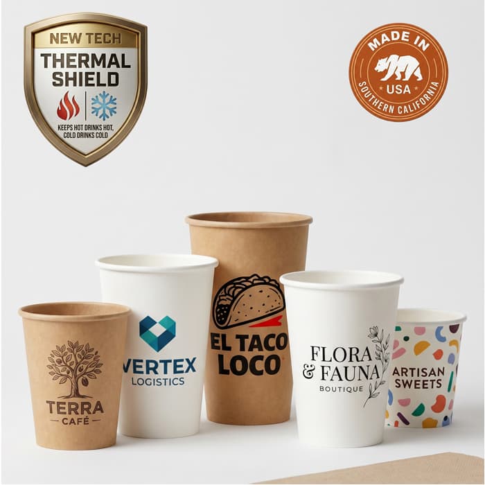 Custom printed paper cups in 8oz, 10oz, and 12oz sizes