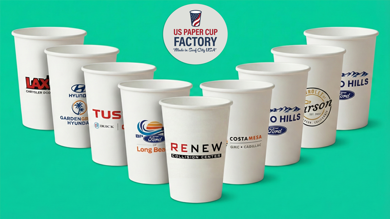Premium branded paper cups for automotive dealership customer waiting rooms